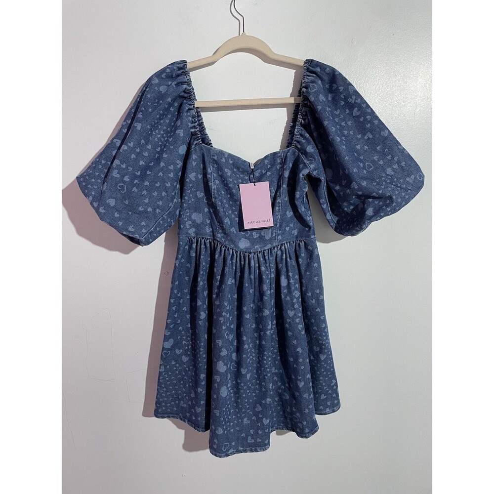 Avec Les‎ Filles Denim Dress M Swirling Hearts Puff Sleeve Babydoll Date Night